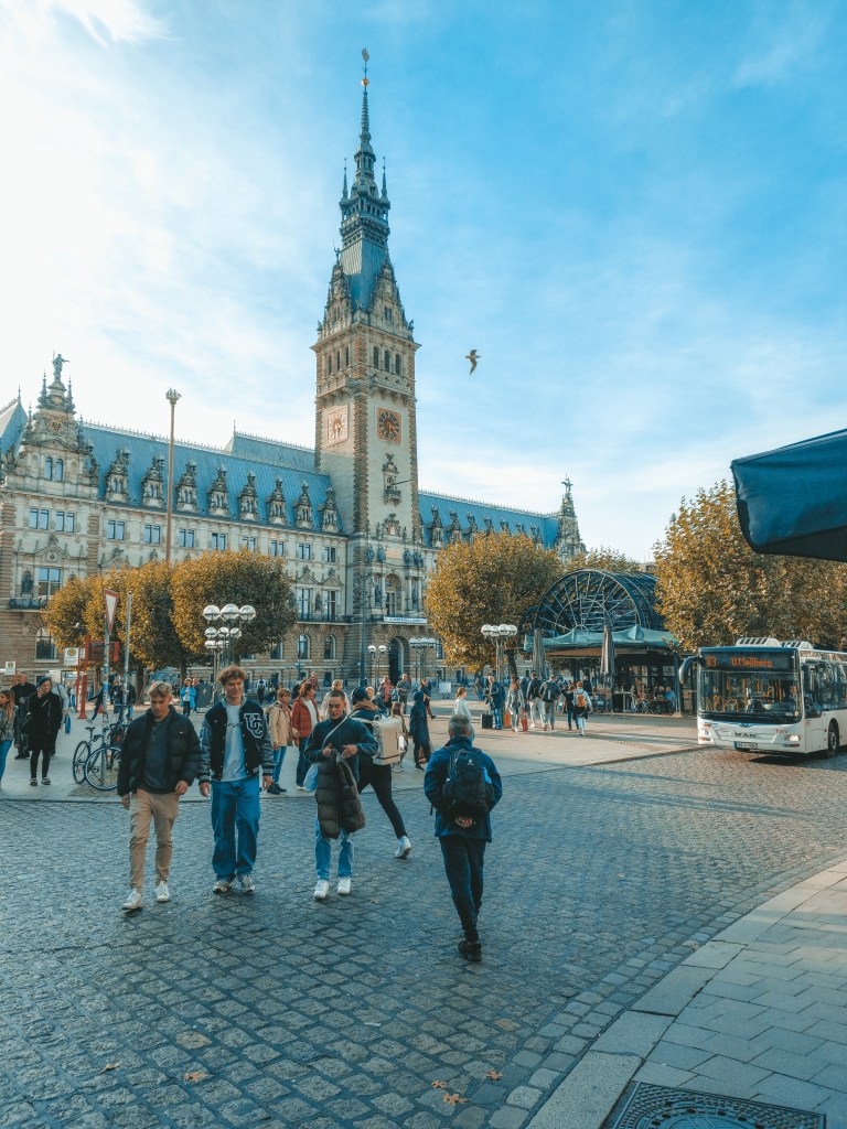 Hamburg Rathaus overlooking Rathausmarkt with people walking across the square.